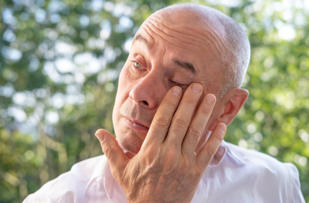Older person outdoors rubbing the eye with one hand, appearing to experience eye irritation or discomfort.