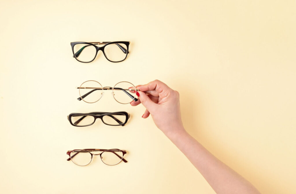 Comparing different styles of modern eyeglass frames.