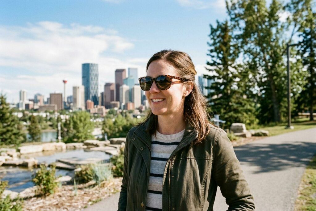 A person is wearing polarized sunglasses on the street.