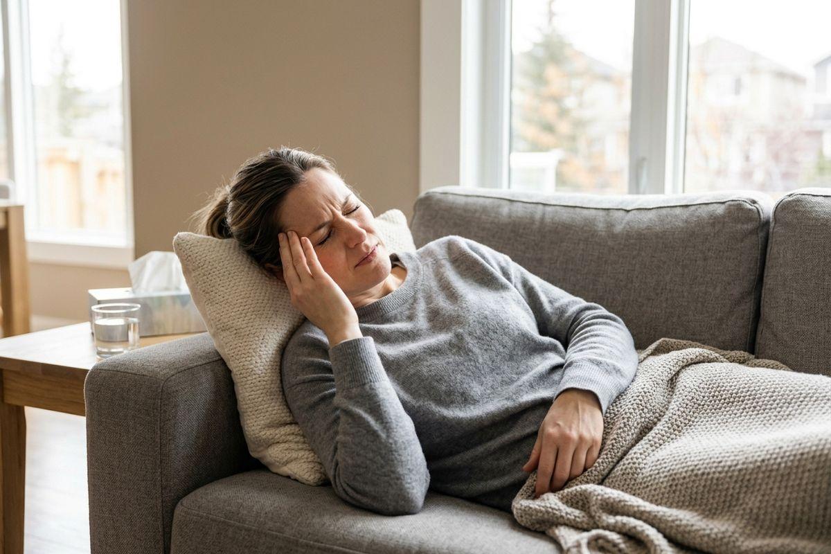 Adult lying on a couch, eyes closed and hand on head, covered with a blanket in a living room with a window behind them.