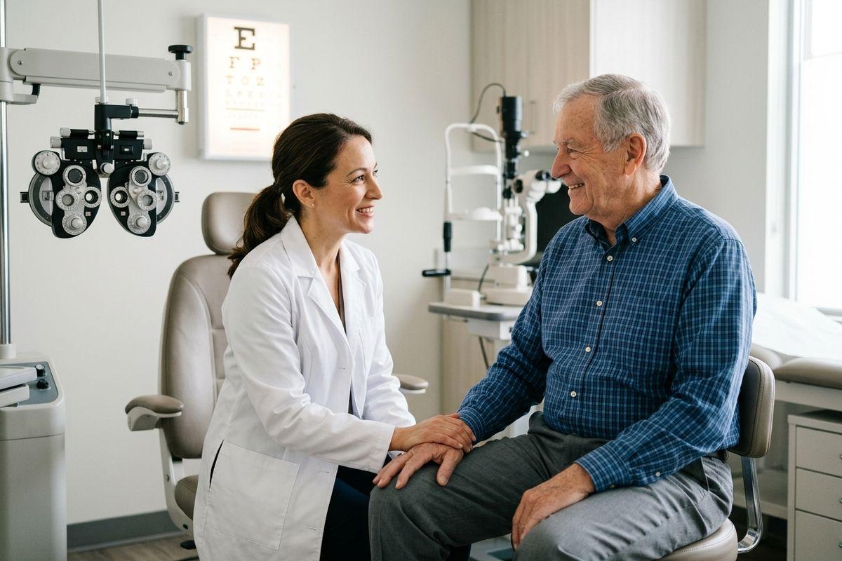 A friendly optometrist in a white coat sits beside a senior man in casual clothes in a bright optometry practice