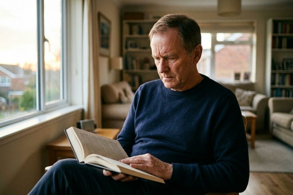 A senior is reading book in the living room