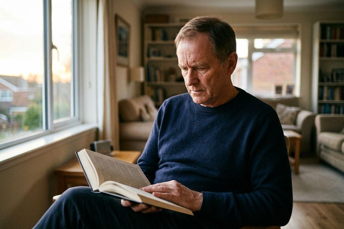 A senior is reading book in the living room