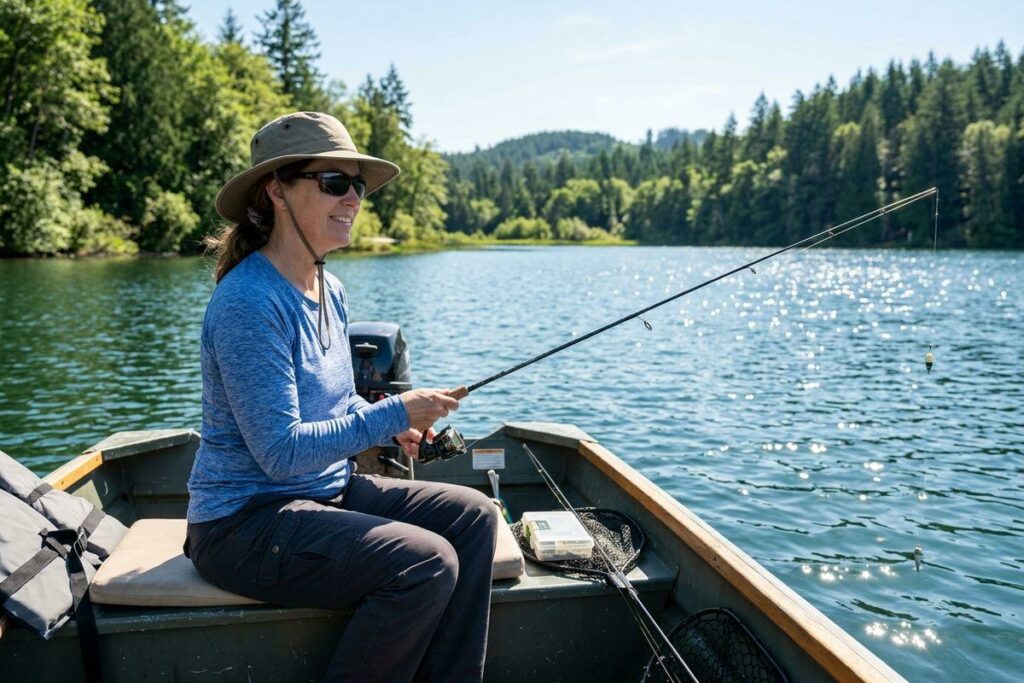 Adult smiling while fishing from a small boat on a calm lake surrounded by forested hills on a sunny day.