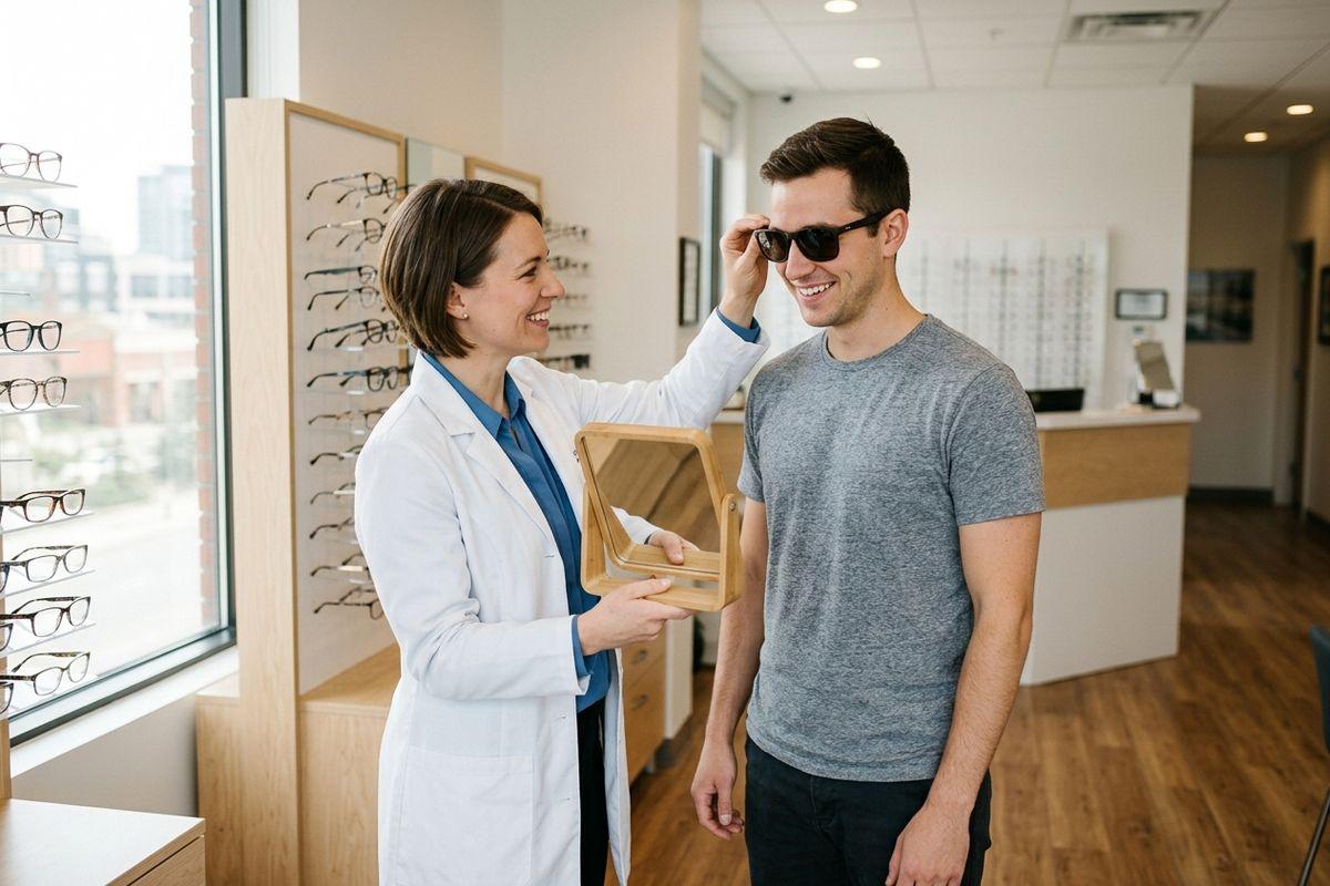 An optician holding a mirror helps a smiling person try on sunglasses in an eyewear shop with frame displays.