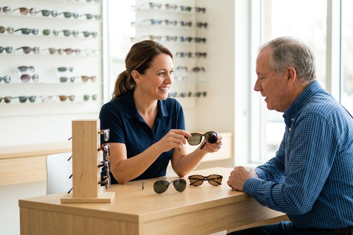 An optician showing sunglasses to an older adult at a table in an eyewear shop, with glasses displays behind.