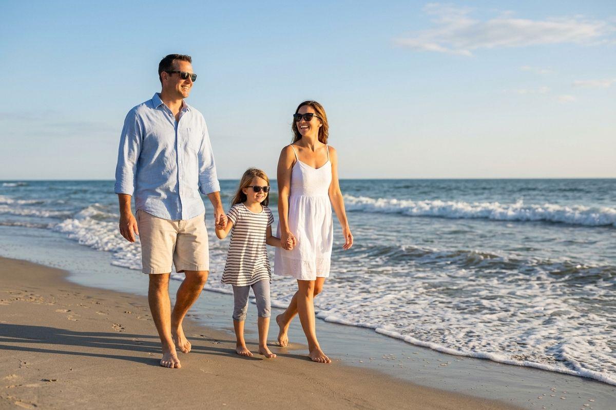 Two adults and a child walking hand-in-hand along a sunny beach shoreline, all wearing sunglasses and smiling.
