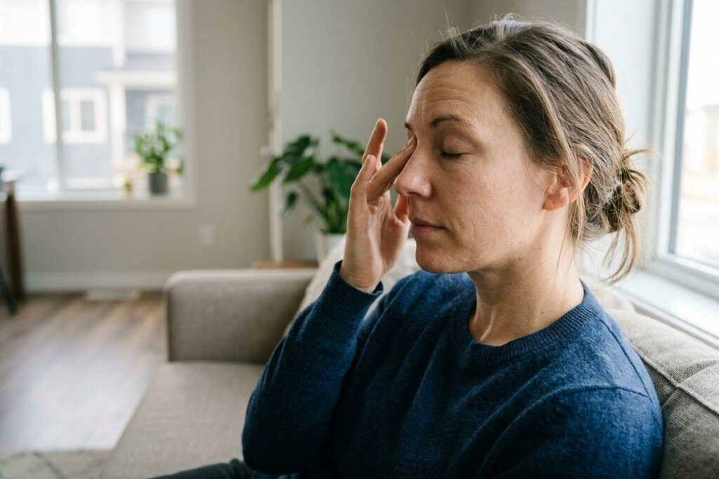 An adult in a blue sweater sits on a grey couch by a window, eyes closed, touching the inner corner of their eye with one hand.