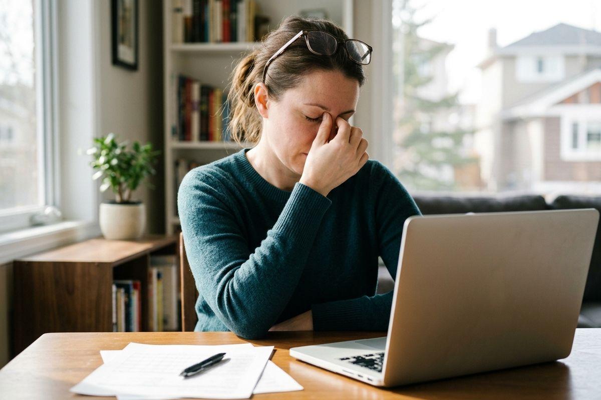 An adult sitting at a table with a laptop and papers, eyes closed and pinching the bridge of their nose, glasses pushed up on their head.