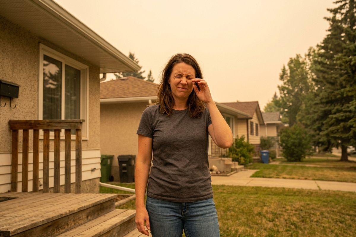 An adult standing outside a house on a residential street, eyes squeezed shut while rubbing one eye, under a hazy orange sky.