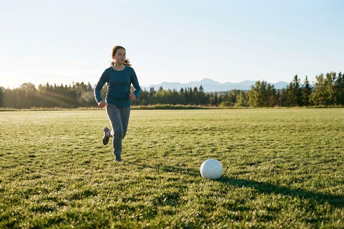 A child running across a grassy field toward a white soccer ball, with trees and distant mountains under a clear sky.