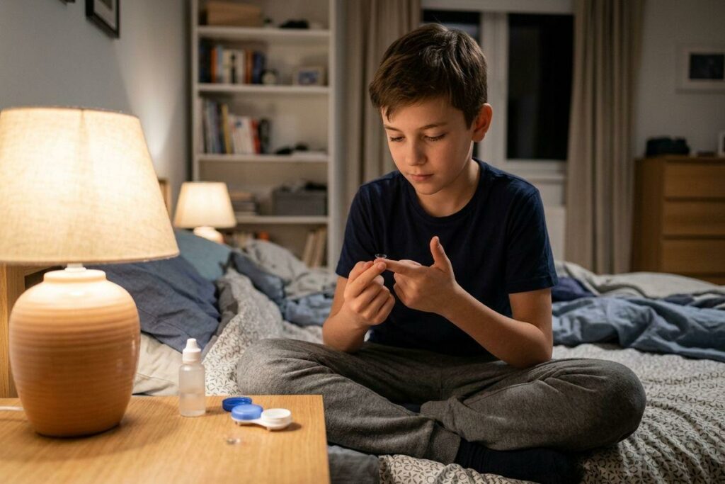A child sitting cross-legged on a bed, focused on a contact lens balanced on a fingertip; lens case and solution bottle on the nightstand.