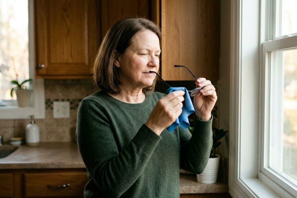 An adult in a green sweater cleaning their eyeglasses with a blue microfiber cloth by a kitchen window.