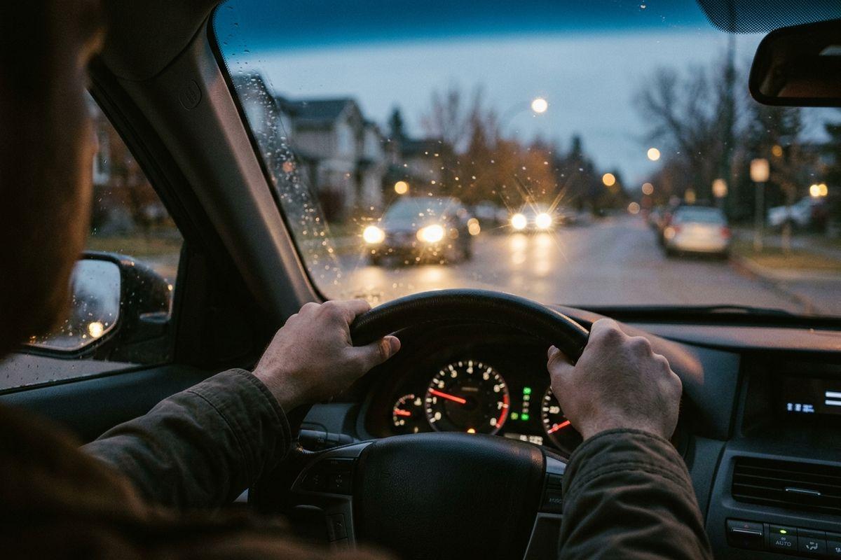 View from behind a person gripping a car steering wheel at dusk, facing oncoming headlights on a wet street with rain-spotted windshield.