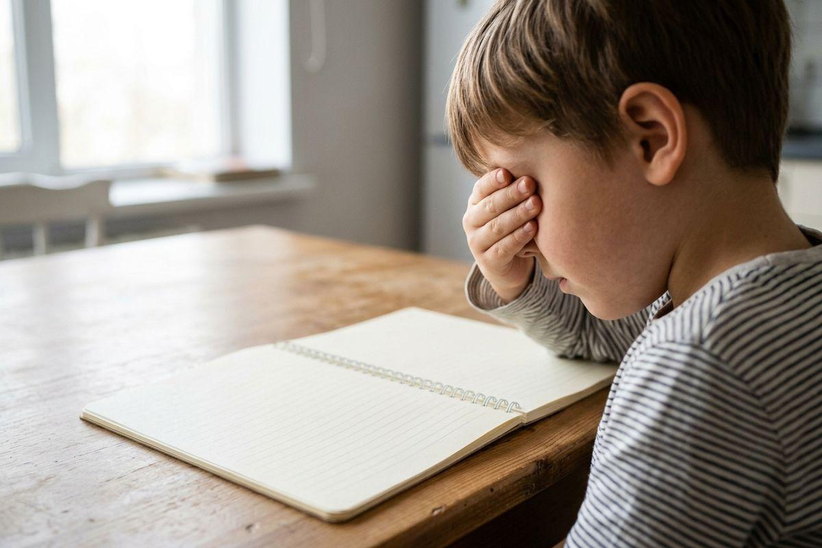 A child in a striped shirt rubbing one eye while sitting at a wooden table with an open blank notebook.
