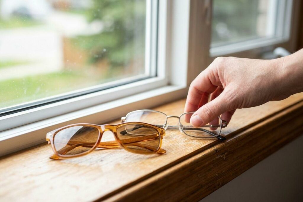 A hand reaches for metal-framed glasses on a wooden windowsill, next to a pair of amber plastic-framed tinted glasses.