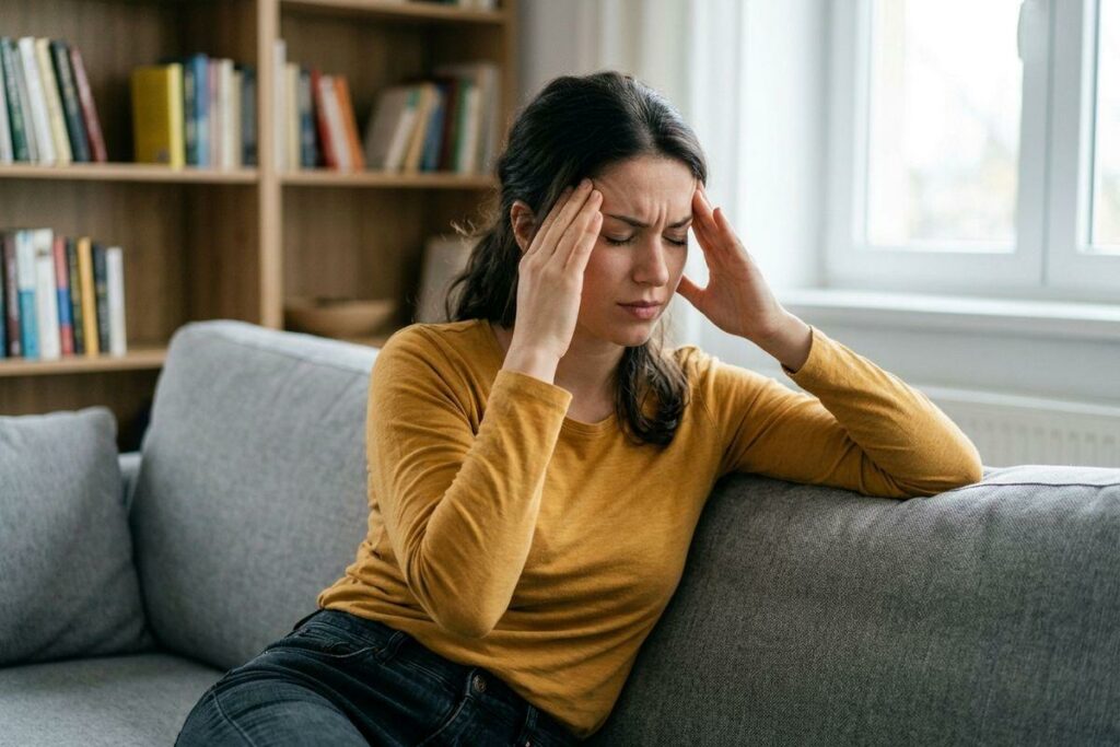 A person in a yellow top sits on a grey sofa at home, eyes closed, pressing fingers to both temples with a pained expression.