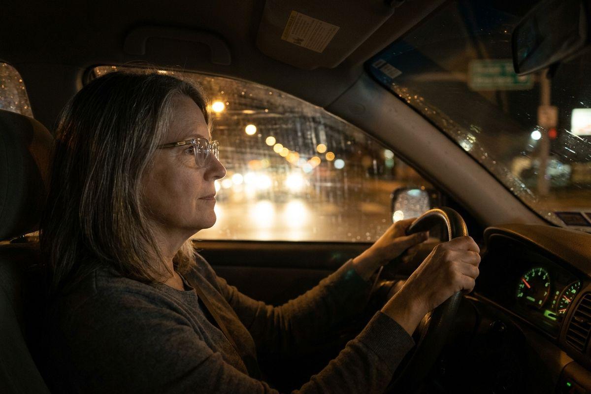 Older adult with glasses driving at night, both hands on the wheel, focused on a wet road with blurred oncoming headlights.